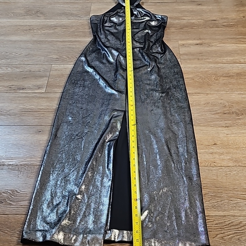 Vintage Alex Evenings Metallic Pewter Halter Back Zip Front Slit Formal … - Picture 13 of 16